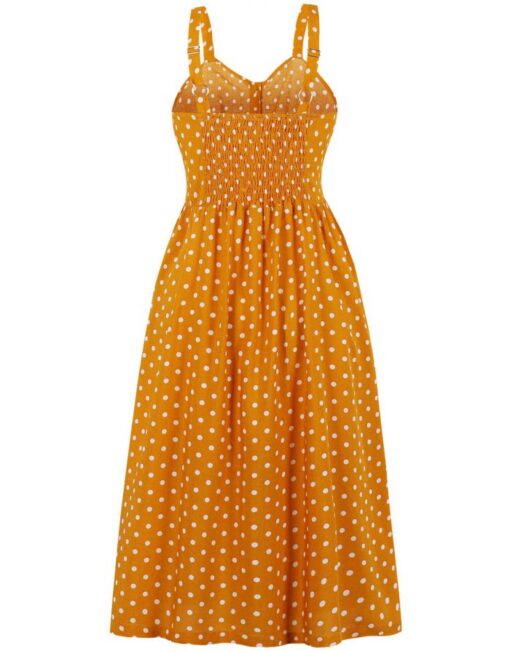 Yellow Dress Summer Straps Backless Pleated Polka Dot Printed Single Breasted Pockets Casual Midi Dresses - Image 2