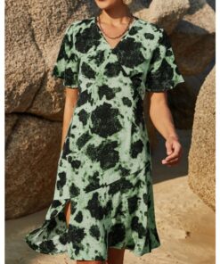 Summer Dress Printed V-Neck Short Sleeve Split Flounced Hem Midi A-Line Dresses