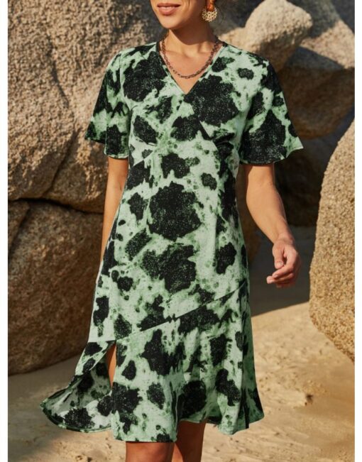 Summer Dress Printed V-Neck Short Sleeve Split Flounced Hem Midi A-Line Dresses