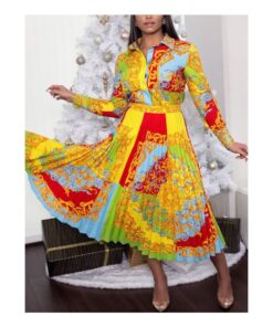 Spring Fall Women Long Sleeve Lapel Printed Single Breasted Pleated Casual Long Swing Dress