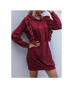 Women Fall Winter Long Sleeve Hooded Ruffled Solid Color Short Sweatshirt Dress
