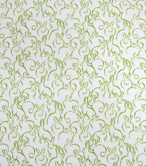 Bunnies Green On White In Full Bloom Easter Cotton Fabric