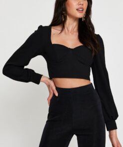 Black Crop Top Long Sleeve Sweetheart