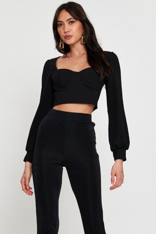 Black Crop Top Long Sleeve Sweetheart - Image 3
