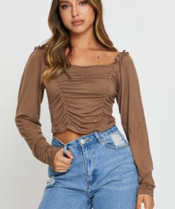 Brown Crop Top Long Sleeve