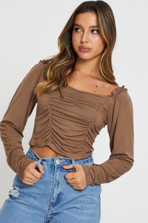 Brown Crop Top Long Sleeve - Image 3