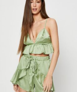 Green Bralette Pyjamas Set Satin