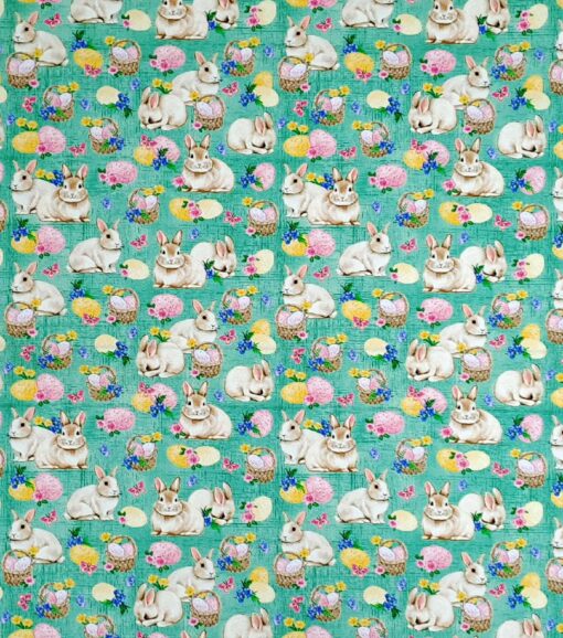 Bunny & Eggs on Sage Easter Cotton Fabric